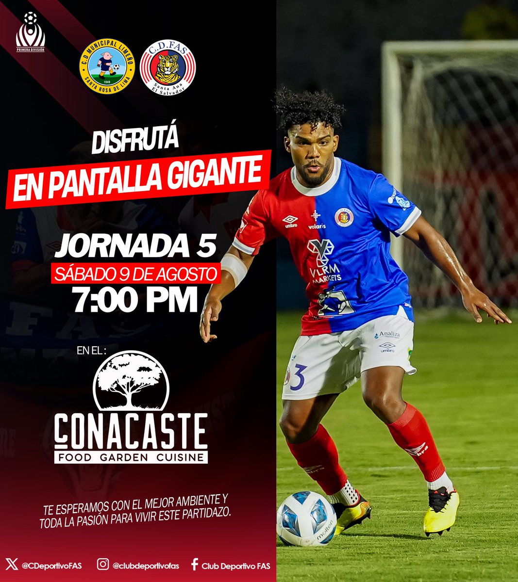 CDeportivoFAS's tweet photo. este sería el copy:
🔥 Este sábado, viví la pasión en cada jugada 🔥
La Jornada 5 nos espera, esta vez lejos de casa, pero podés disfrutarla en pantalla gigante, con el mejor ambiente, grandes promociones y toda la pasión.

📍 Disfrutá en El Conacaste — donde la afición se siente como en casa.
🗓 Sábado 9 de agosto | 🕖 7:00 PM

#CDFAS #AP2025 #Tigrillos #LMF