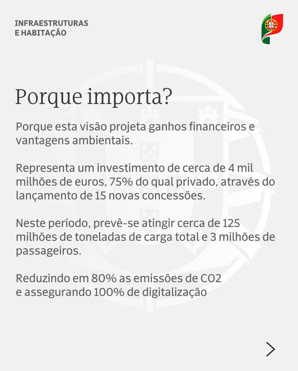 PORTOS 5+ — Visão para 10 anos
O Governo apresentou a nova estratégia integrada para os portos nacionais, marcando o início de um novo ciclo de investimento, crescimento e competitividade no setor portuário.

Com planos estratégicos específicos para cada porto, esta visão a 10