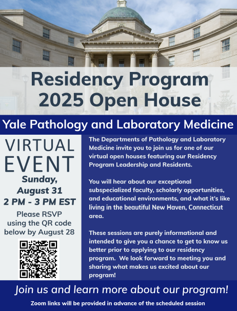 Yale Pathology (@yalepathology) on Twitter photo Our annual Yale Pathology & Laboratory Medicine Residency Program Virtual Open House is set for Sunday, Aug. 31 from 2-3 PM ET. Hear our Residents & Program Leadership discuss the exceptional subspecialized faculty, scholarly opportunities & educational environments <a href="/YaleMed/">Yale School of Medicine</a>. Our annual Yale Pathology & Laboratory Medicine Residency Program Virtual Open House is set for Sunday, Aug. 31 from 2-3 PM ET. Hear our Residents & Program Leadership discuss the exceptional subspecialized faculty, scholarly opportunities & educational environments <a href="/YaleMed/">Yale School of Medicine</a>.