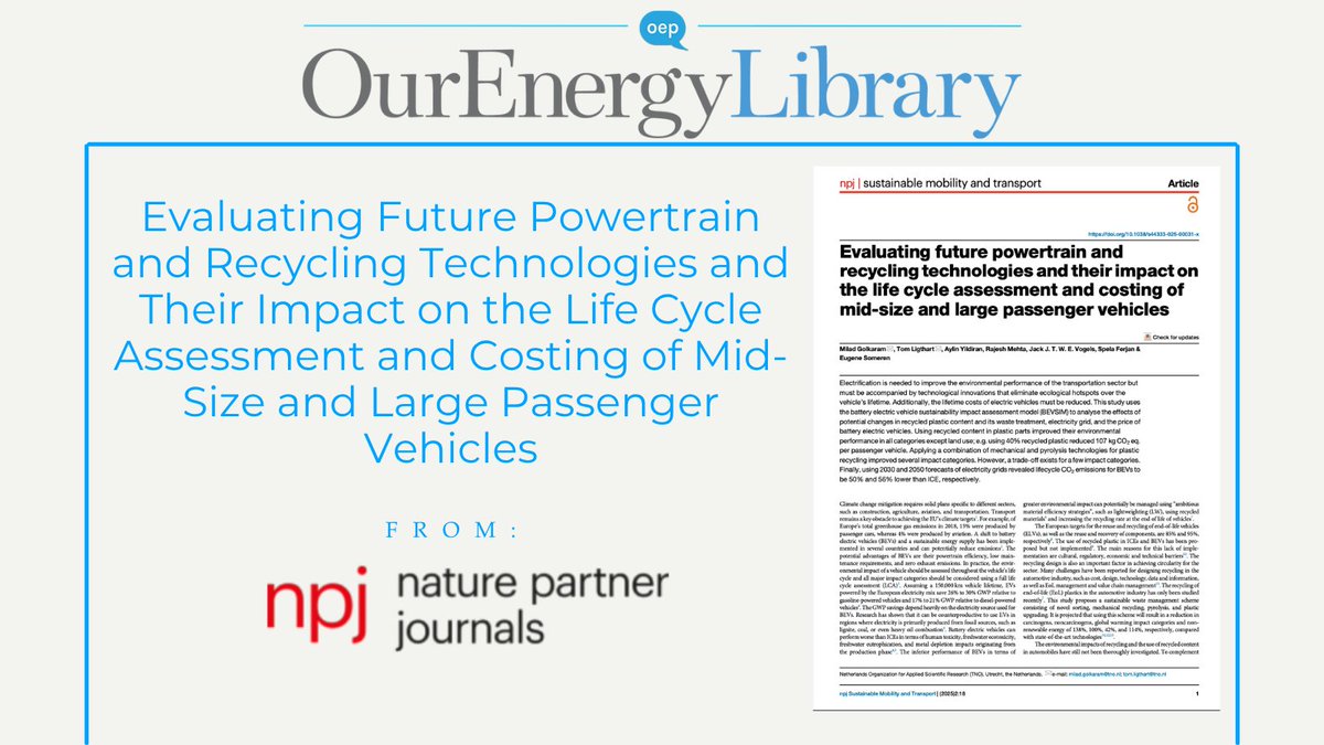 This report from @nature uses the battery electric vehicle sustainability impact assessment model to analyse the effects of changes in recycled plastic content and its waste treatment, electricity grid, and price of battery electric vehicles. 

Read: ourenergypolicy.org/resources/eval…