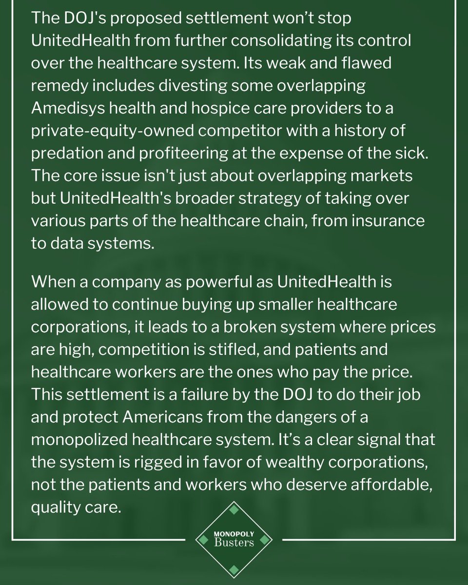 Rep. Pramila Jayapal (@repjayapal) on Twitter photo The DOJ’s settlement allowing UnitedHealth to acquire Amedisys will lead to higher costs and reduced care.
Full Monopoly Busters Caucus statement with <a href="/RepDeluzio/">Congressman Chris Deluzio</a>, <a href="/RepPatRyanNY/">Rep. Pat Ryan</a>, <a href="/RepAngieCraig/">Angie Craig</a>: The DOJ’s settlement allowing UnitedHealth to acquire Amedisys will lead to higher costs and reduced care.
Full Monopoly Busters Caucus statement with <a href="/RepDeluzio/">Congressman Chris Deluzio</a>, <a href="/RepPatRyanNY/">Rep. Pat Ryan</a>, <a href="/RepAngieCraig/">Angie Craig</a>: