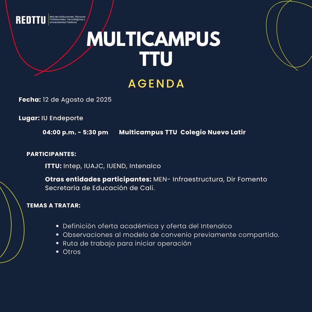 📍Este 12 de agosto en Cali, la REDTTU lidera reuniones presenciales con las ITTU del Eje Pacífico, el MEN y aliados territoriales para avanzar en los proyectos #MulticampusTTU.
⠀
¡Seguimos construyendo educación superior con sentido territorial!

#REDTTU #EducaciónSuperior