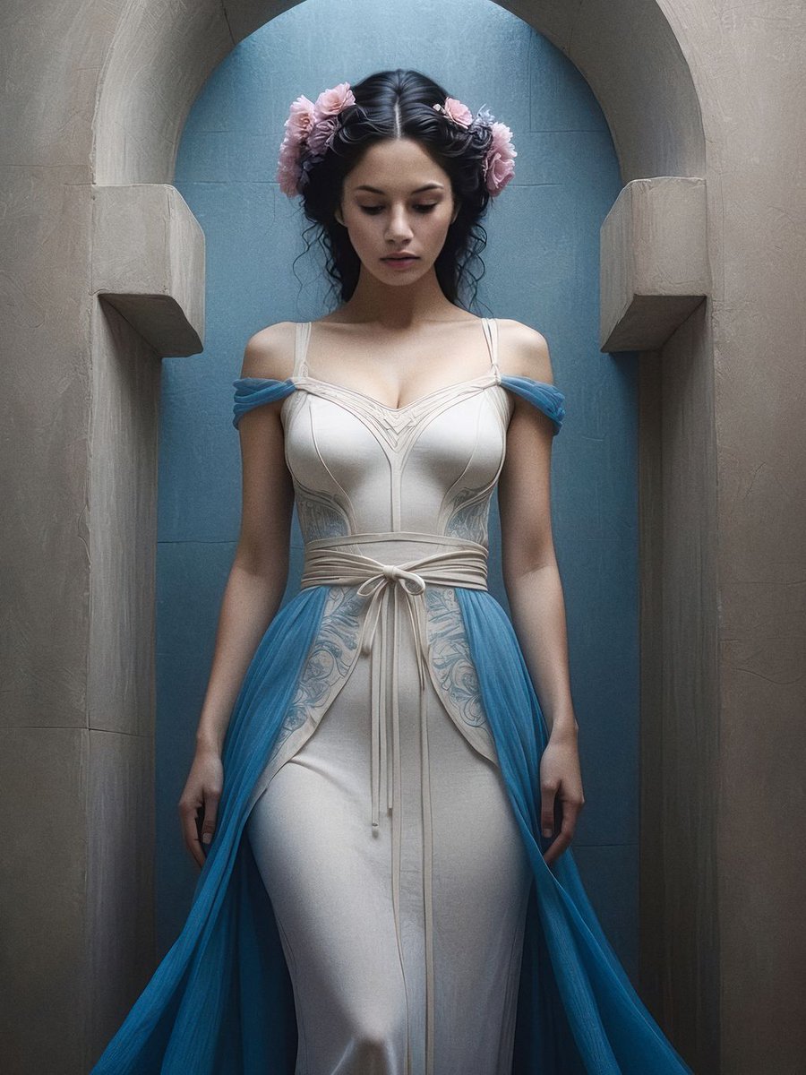 Standing amidst tranquil beauty, she embodies grace and serenity. Her silent tale unfolding in hues of cream and blue. Delve deeper into her world with #Unicore7 #NFT art.