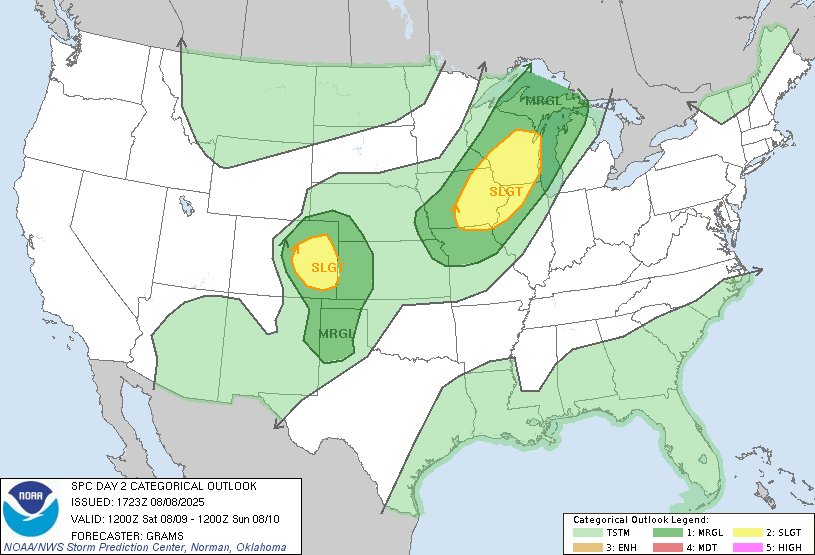 12:25pm CDT #SPC Day2 Outlook Slight Risk: in parts of WI/IA/IL and CO spc.noaa.gov/products/outlo…