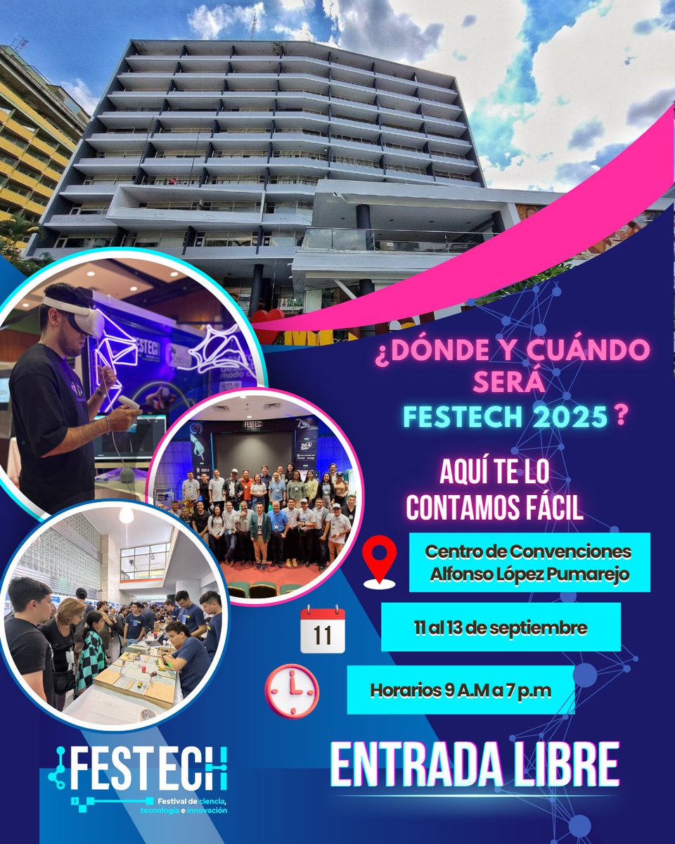 festech_co's tweet photo. La feria más grande de innovación y tecnología del Tolima, ya tiene sede y fecha confirmada.

Lugar: Centro de Convenciones Alfonso López Pumarejo – Ibagué
Fecha: Del 11 al 13 de septiembre
Entrada gratuita

Inscríbete ya en https://t.co/REmkYOBMKJ
#TolimaEsTech #FestechEsFuturo https://t.co/58lv68YyFd