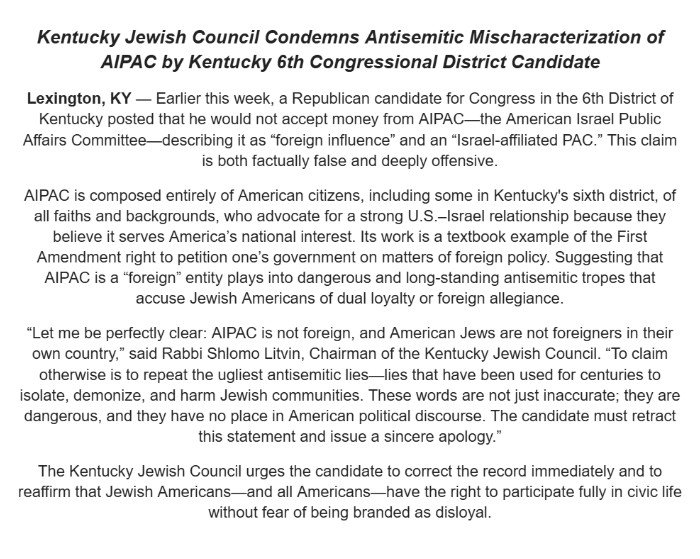 KJC condemns 6th District Candidate statement describing AIPAC as foreign.

AIPAC is not foreign &amp; American Jews are not foreigners in our own country. To claim otherwise is an antisemitic lie.

The candidate must retract this statement &amp; issue a sincere apology.

Read more here: