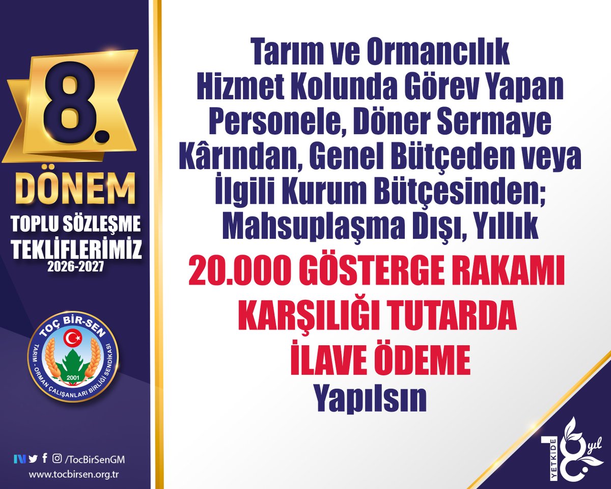 ✅ Tarım ve Ormancılık Hizmet Kolunda Görev Yapan Personele Döner Sermaye Kârından, Genel Bütçeden Veya İlgili Kurum Bütçesinden, Mahsuplaşma Dışı Yıllık 20.000 Gösterge Rakamı Karşılığı Tutarda İlave Ödeme Yapılsın.
#ToçBirSeninTeklifi
#MemurunTeklifi