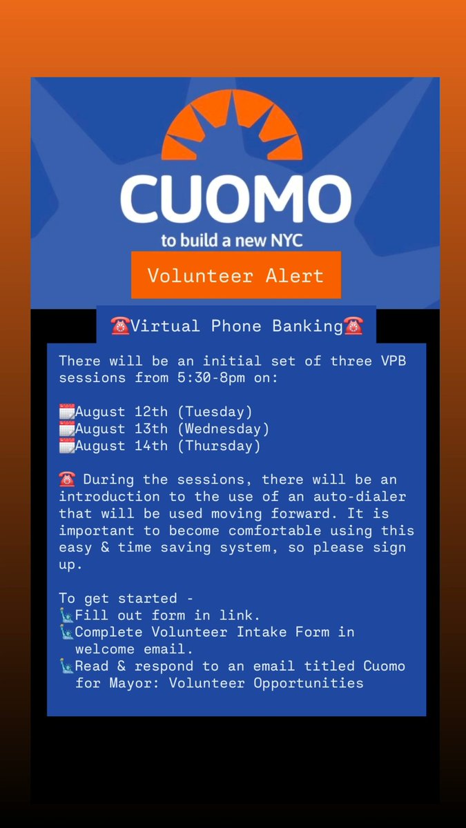 Kleo Devi ๐ฌ๐ท๐บ๐ธโ๐บ๐ฆ๐ฎ๐ฑ (@kleodevi) on Twitter photo VOLUNTEER OPPORTUNITY ALERT
โ๏ธVirtual Phone Banking for the Cuomo Campaign...details below:
andrewcuomo.com/getinvolved
๐ฝBuilding a New NYC
<a href="/andrewcuomo/">Andrew Cuomo</a> for Mayor VOLUNTEER OPPORTUNITY ALERT
โ๏ธVirtual Phone Banking for the Cuomo Campaign...details below:
andrewcuomo.com/getinvolved
๐ฝBuilding a New NYC
<a href="/andrewcuomo/">Andrew Cuomo</a> for Mayor