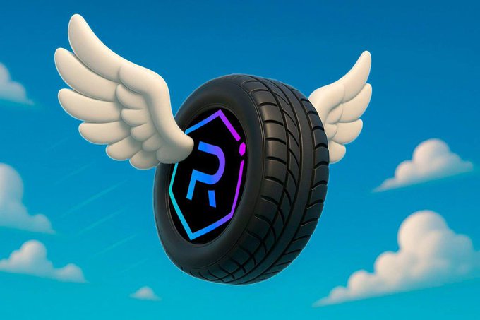 A winged tire with the Raydium 'R' logo soaring against a blue sky with clouds
