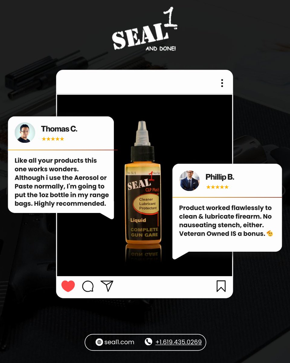 SEAL1Products's tweet image. Clean. Lube. Protect.

 SEAL 1 CLP Plus® Liquid keeps your firearm mission-ready—no harsh fumes, no residue, just smooth performance.
 Trusted by pros. Ready for your range bag.

Shop now:  seal1.com/collections/co… 

#SEAL1 #CLP #GunCare #FirearmMaintenance #RangeReady