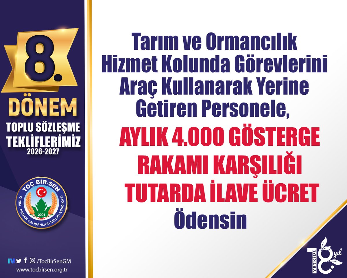 ✅ Tarım ve Ormancılık Hizmet Kolunda Görevlerini Araç Kullanarak Yerine Getiren Personele Aylık 4.000 Gösterge Rakamı Karşılığı Tutarda İlave Ücret Ödensin
#ToçBirSeninTeklifi
#MemurunTeklifi
