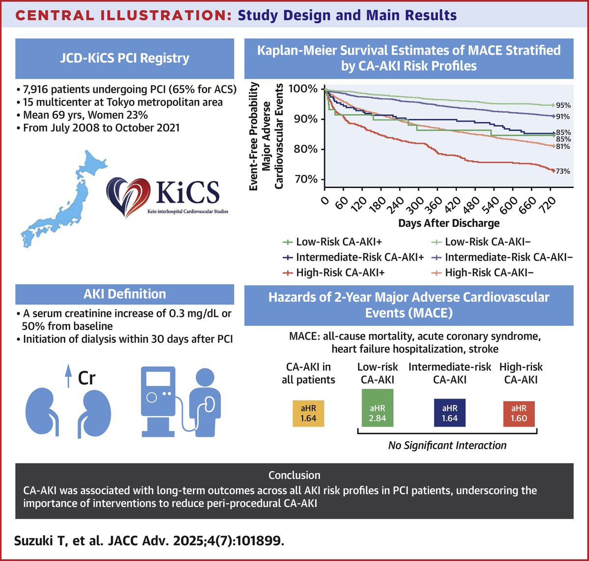 #JACCAdvances study demonstrated contrast-associated acute kidney injury (CA-AKI) was associated with long-term outcomes across all #AKI risk profiles in #PCI patients, underscoring the importance of interventions to reduce periprocedural CA-AKI. jacc.org/doi/10.1016/j.… #NCDR