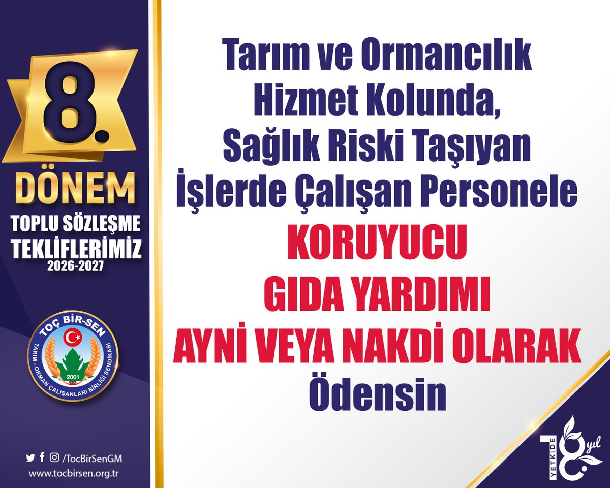 ✅ Tarım ve Ormancılık Hizmet Kolunda Sağlık Riski Taşıyan İşlerde Çalışan Personele Koruyucu Gıda Yardımı Ayni veya Nakdi Olarak Ödensin
#ToçBirSeninTeklifi
#MemurunTeklifi