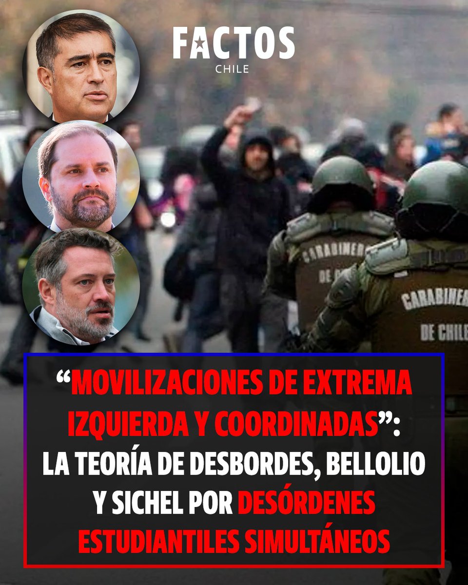 FactosChile's tweet photo. 🚨¿EL PC ESTÁ ACTIVANDO NUEVAMENTE LAS PROTESTAS ESTUDIANTILES?

En Santiago, Ñuñoa y Providencia, las protestas en liceos llevan casi dos semanas. Para Desbordes, Sichel y Bellolio, no es casualidad: hablan de acciones coordinadas por grupos de extrema izquierda. https://t.co/twXQOfwbAr