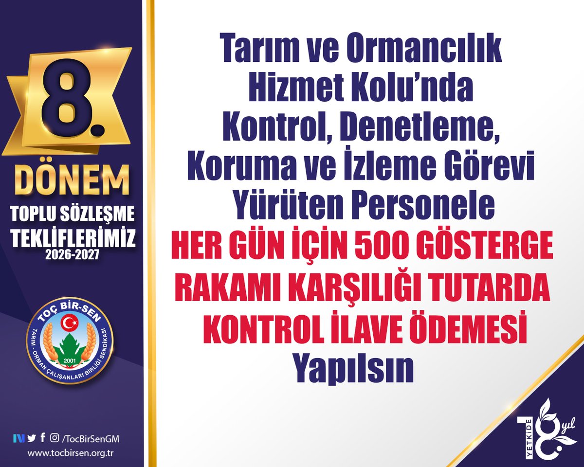 ✅ Tarım ve Ormancılık Hizmet Kolunda Kontrol, Denetleme, Koruma ve İzleme Görevi Yürüten Personele Her Gün İçin 500 Gösterge Rakamı Karşılığı Tutarda Kontrol İlave Ödemesi Yapılsın
#ToçBirSeninTeklifi
#MemurunTeklifi