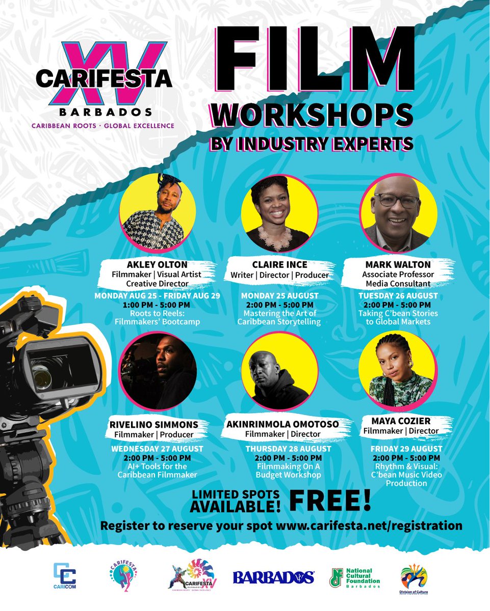 CARIFESTAXV's tweet photo. Lights, camera, action 🎬 CARIFESTA XV is bringing a series of Film Workshops designed for Caribbean storytellers ready to sharpen their skills and connect with leading industry experts.

Limited spots are available, so register today at https://t.co/R0o9wwXndt 

#CARIFESTAXV https://t.co/yp29ys3G4O
