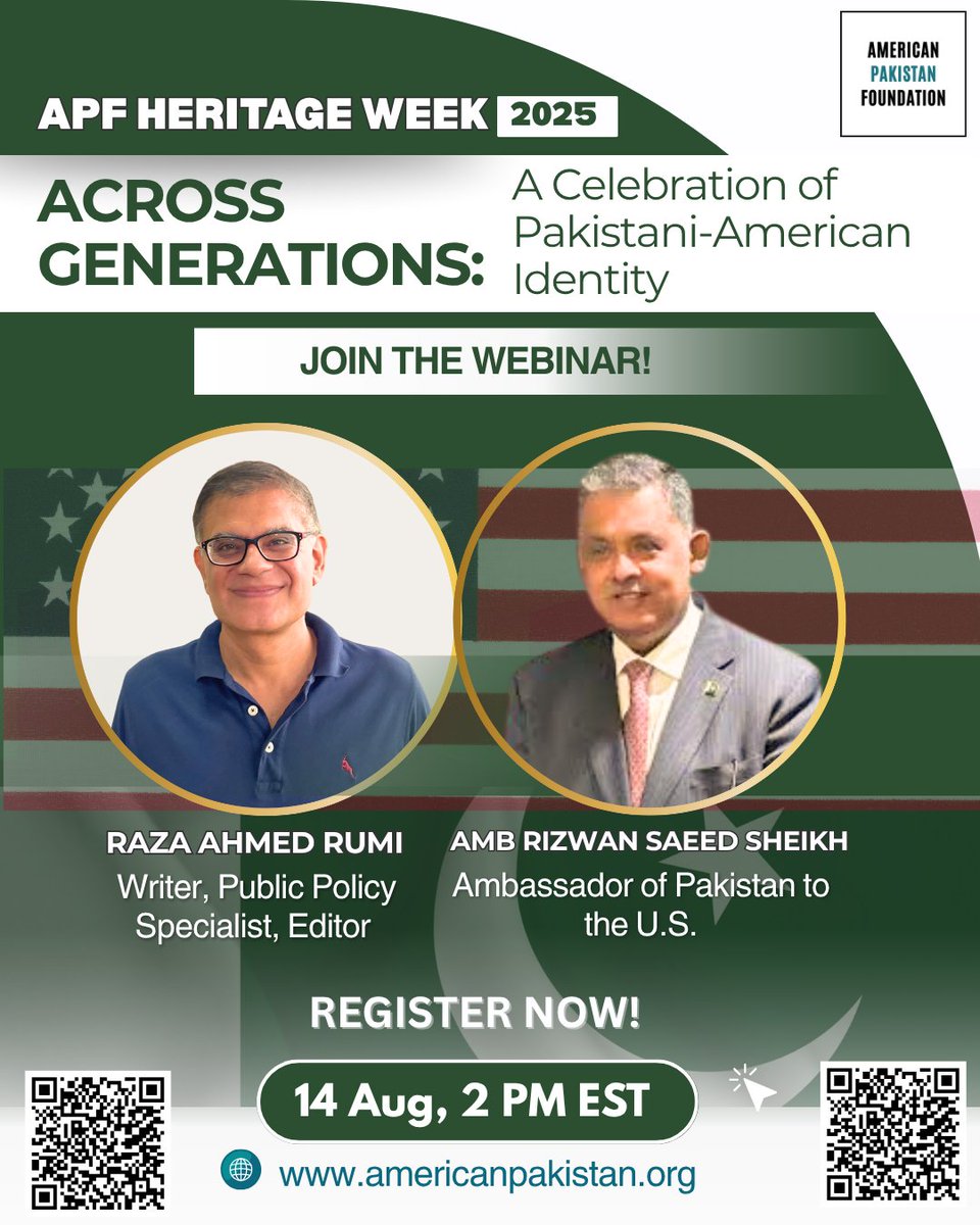 Join us this August 14th as celebrate Pakistan's Independence day and kick off APF Heritage Week 2025 with our live webinar! This year’s theme, “Across Generations: A Celebration of Pakistani-American Identity”, brings together communities worldwide to honor our roots, share our