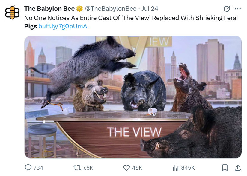OldeWorldOrder's tweet photo. @rawsalerts Time for ABC to test out the new business model: a panel full of shrieking feral pigs. https://t.co/pBP9mAghbT