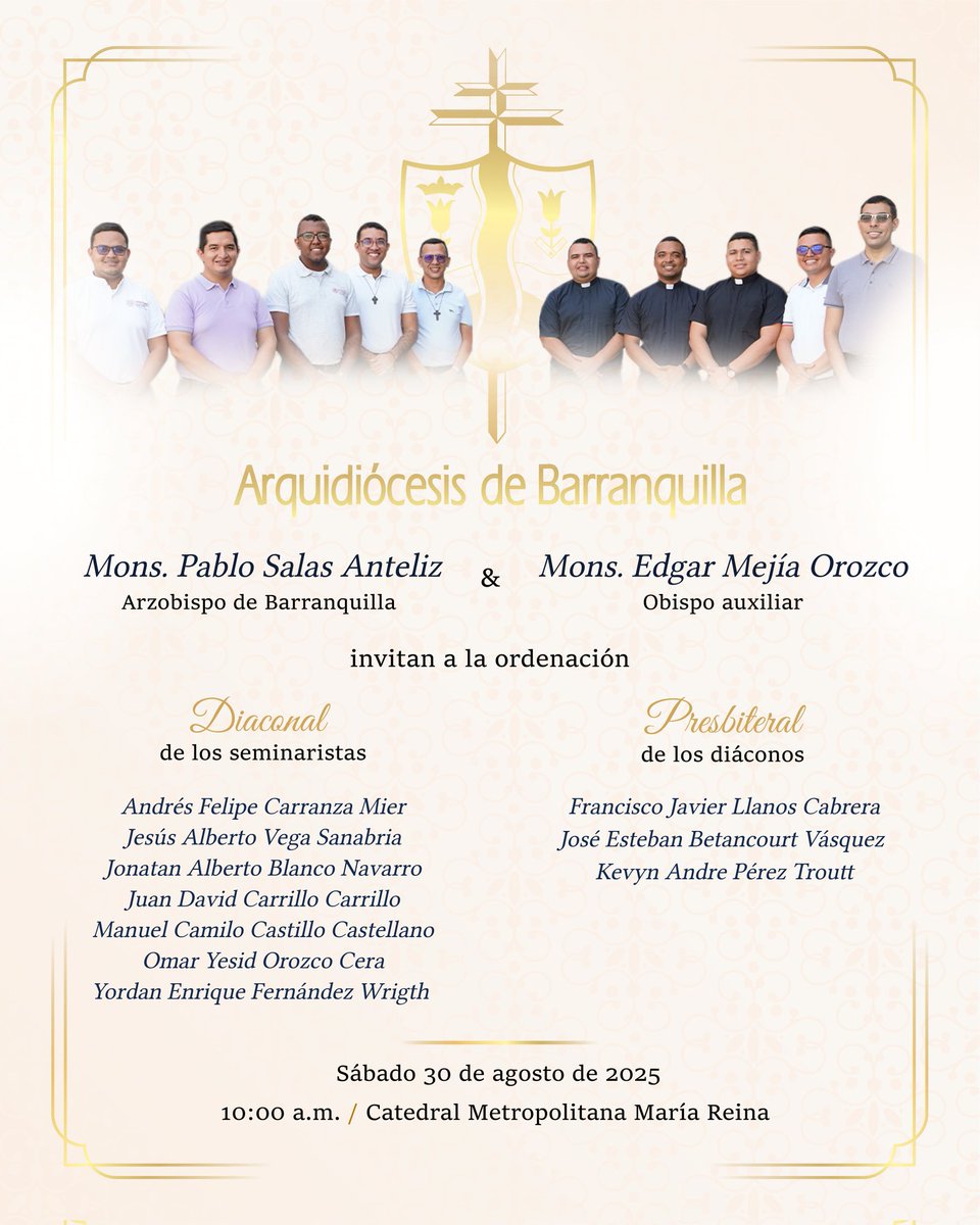 🙌 Con alegría, te invitamos a participar en la ordenación de 10 hermanos nuestros que han respondido con generosidad al llamado de Dios. Serán siete nuevos diáconos y tres nuevos presbíteros para esta Iglesia particular. 

🙏 ¡Acompáñalos con tu oración y tu presencia!