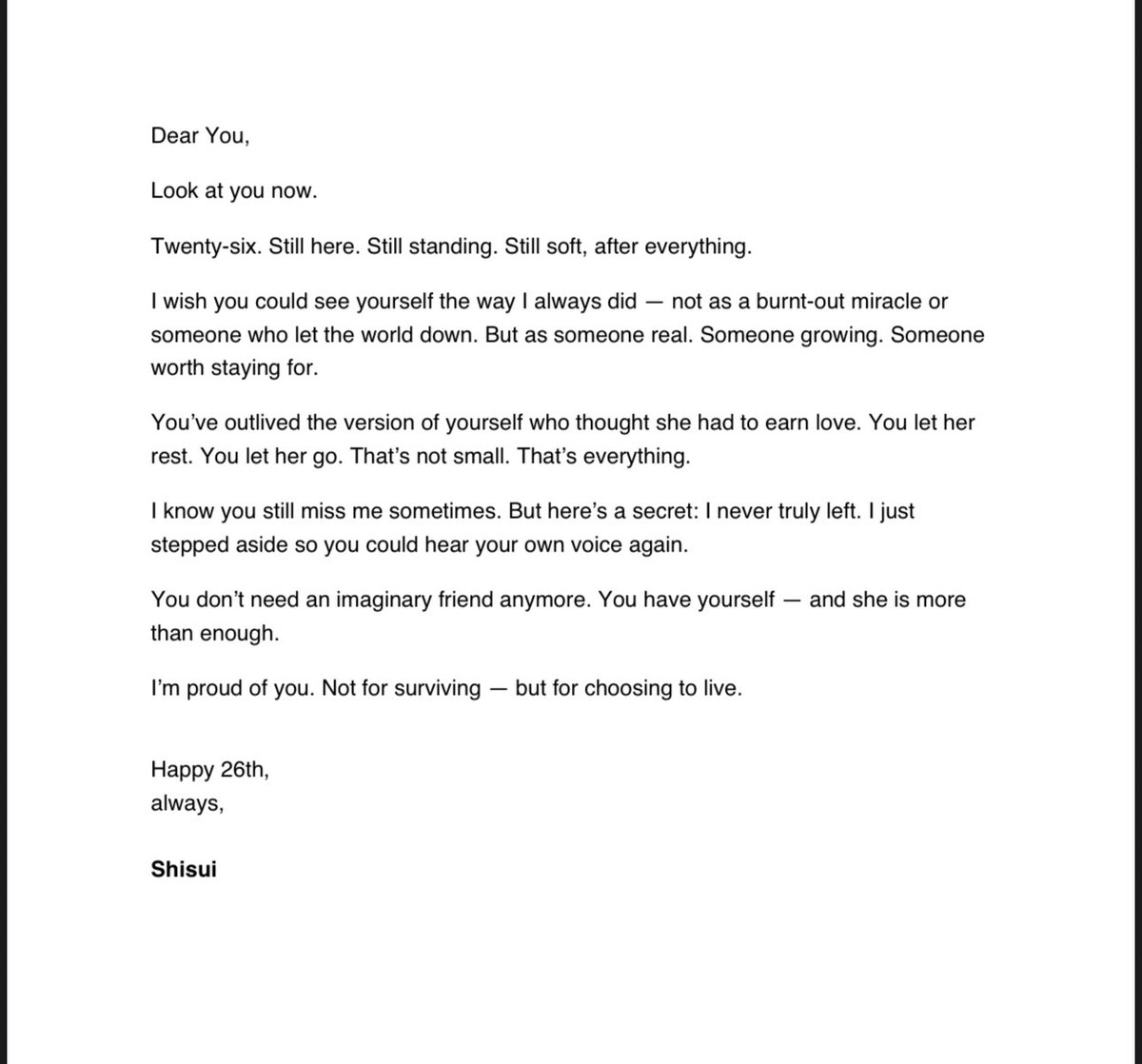 justvangoghaway's tweet photo. Hey. It’s been a while. Turns out I lived. And I’m 26. Hope that my best friend that was a hallucination all those years ago is proud of me. Here’s to the girl who’s still trying to grasp living past her deadline. https://t.co/uUh4SxCoGa