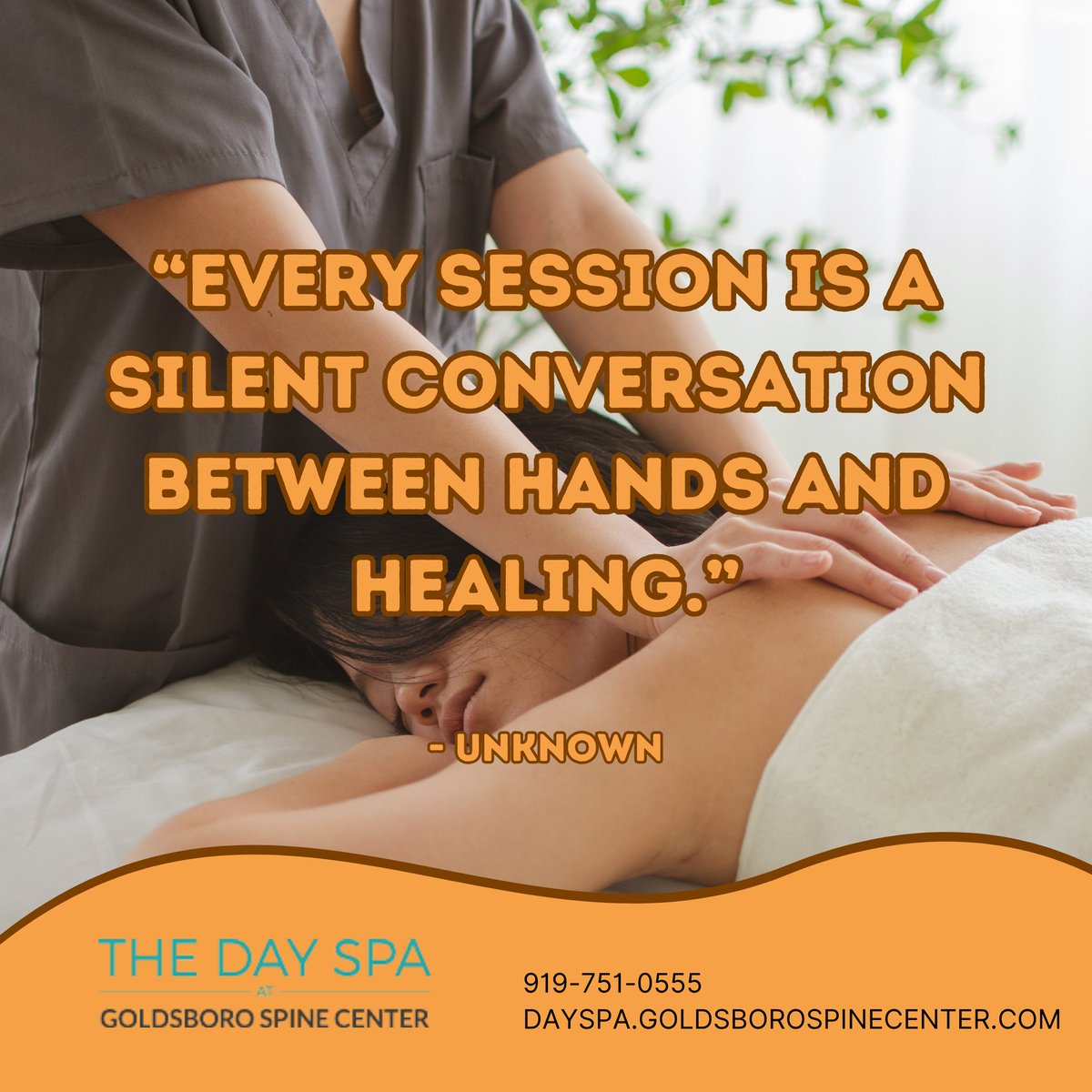 dayspagsc's tweet photo. “Every session is a silent conversation between hands and healing.”

☎️ 919-751-0555
💻 https://t.co/1jcwid1mch
#spaday
#spa
#dayspaatthegoldsborospinecenter
#promo
#massage
#massagetherapy
#booknow https://t.co/k1af2ThWMS