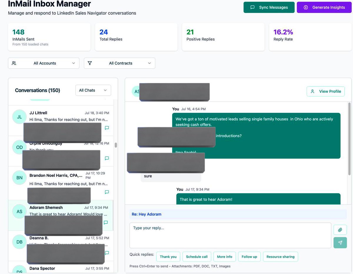 Sneak peek of our platform

We’re ramming inmails like ads

Unified inbox for all accounts

AI tells us which msg is hitting when split testing

Replying with pre-made templates(AI setter coming soon)

7 steps ahead of the rest