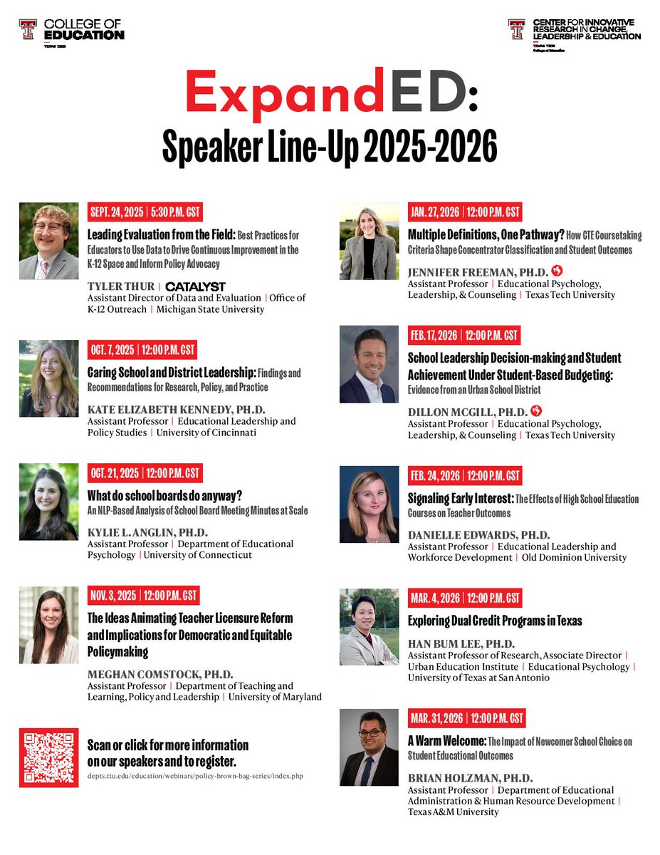 CIRCLE (@circle_ttu) on Twitter photo 🚨 Ready for a new season of powerful ideas in #EdResearch #EdPolicy?
The 2025–26 #ExpandED Series kicks off Sept. 24 — and this year’s lineup is 🔥
🔗 depts.ttu.edu/education/webi…
<a href="/ja__freeman/">Jennifer Freeman</a> <a href="/katetothek/">Kate Kennedy</a> <a href="/meghan_com/">Meghan Comstock</a> <a href="/dillmcgill/">Dillon G. McGill</a> <a href="/drdsedwards/">Danielle Sanderson Edwards</a> <a href="/brianholzman/">Brian Holzman</a> 🚨 Ready for a new season of powerful ideas in #EdResearch #EdPolicy?
The 2025–26 #ExpandED Series kicks off Sept. 24 — and this year’s lineup is 🔥
🔗 depts.ttu.edu/education/webi…
<a href="/ja__freeman/">Jennifer Freeman</a> <a href="/katetothek/">Kate Kennedy</a> <a href="/meghan_com/">Meghan Comstock</a> <a href="/dillmcgill/">Dillon G. McGill</a> <a href="/drdsedwards/">Danielle Sanderson Edwards</a> <a href="/brianholzman/">Brian Holzman</a>