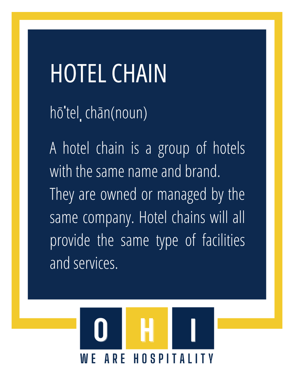 A hotel chain is a group of hotels with the same name and brand.
They are owned or managed by the same company. Hotel chains will all provide the same type of facilities and services.

#hospitality #hotelchains #hotels #brandnames #hotelbrands #hotelstays