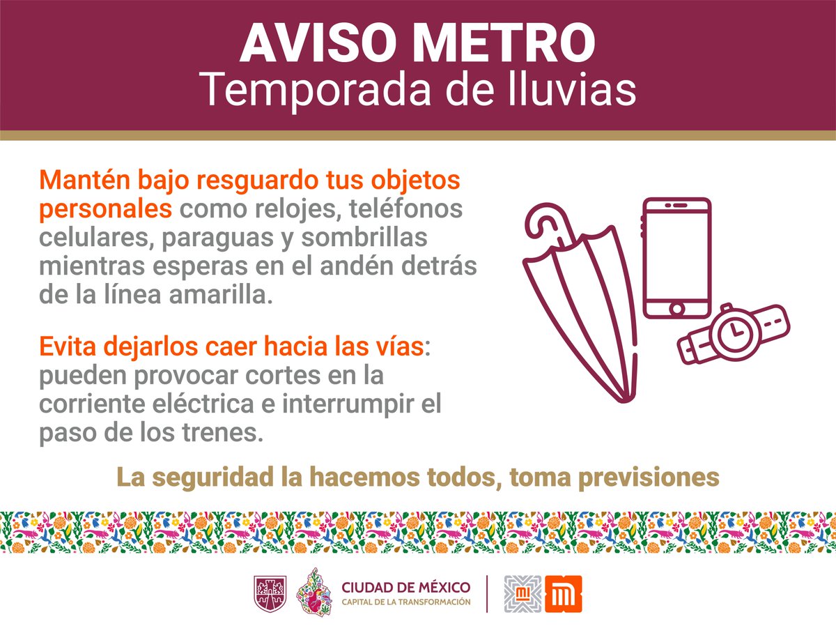 MetroCDMX's tweet photo. En temporada de lluvia, es importante resguardar los paraguas que puedan caer a vías; ya que pueden provocar cortocircuitos y demoras en el servicio. https://t.co/tiJNCTKTLR