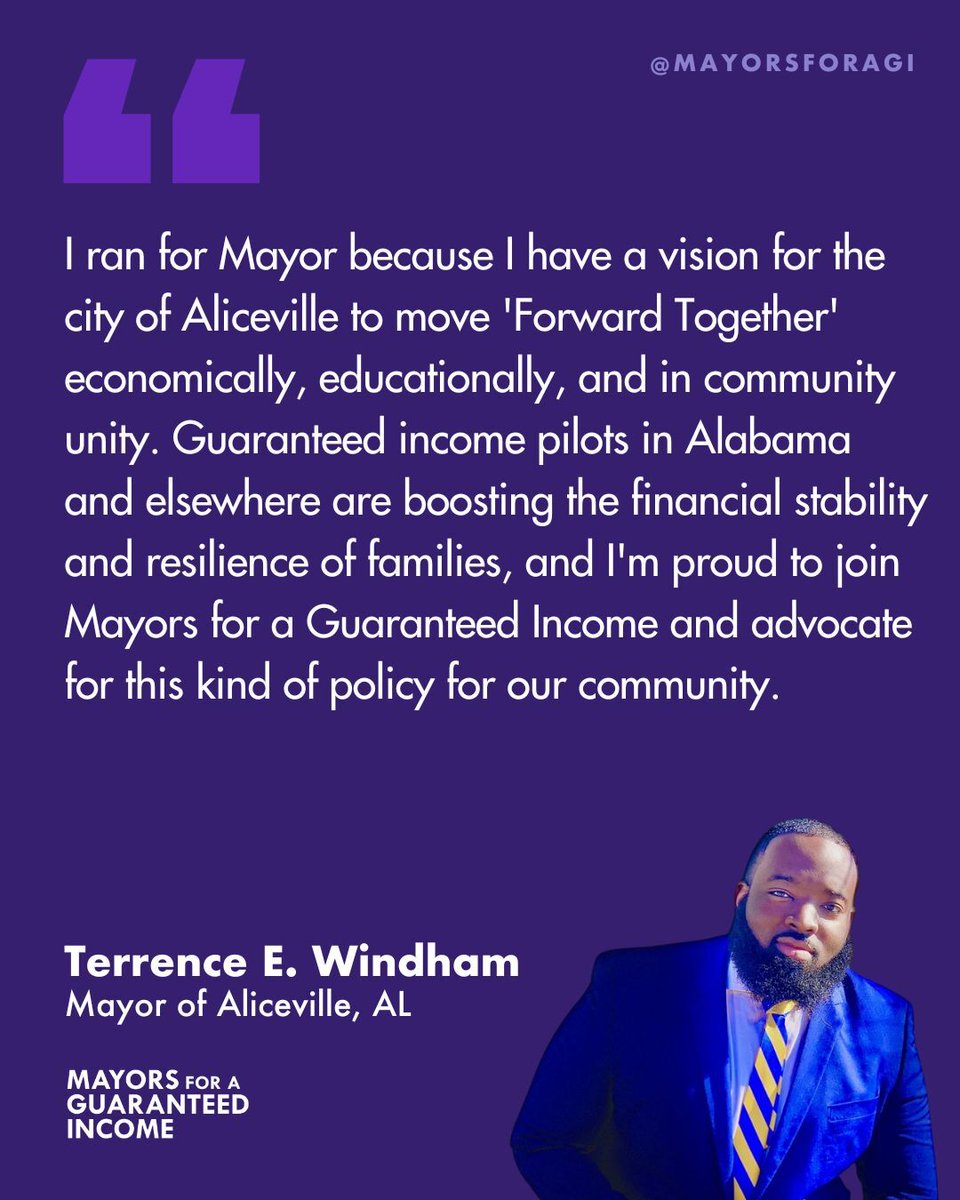 We've already seen from the results of Birmingham's pilot program that cash payment policies work for Alabama families. This week, we're excited to keep the momentum around guaranteed income going in Alabama and welcome Aliceville's Mayor Terrence E. Windham to MGI!
