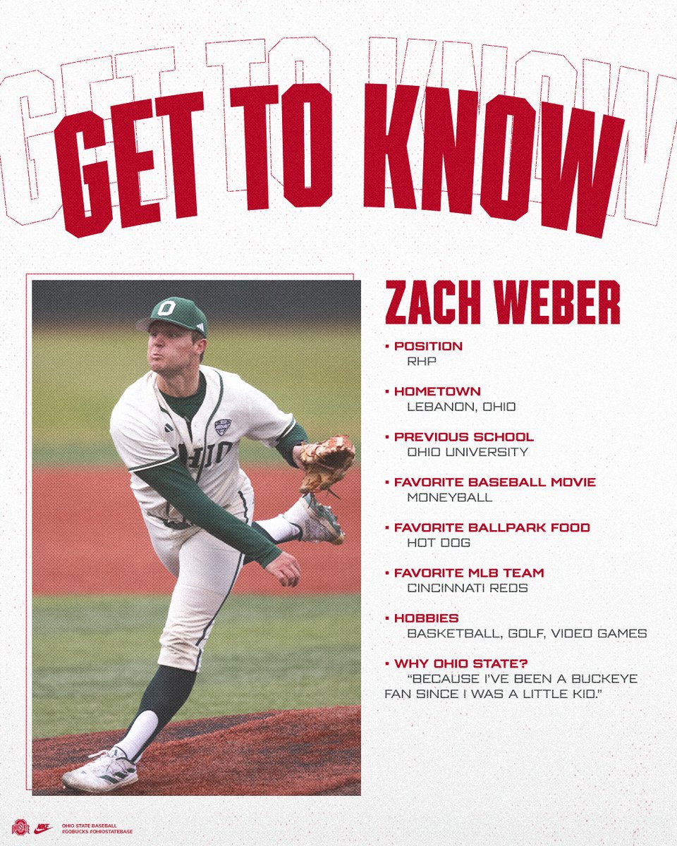 Today's edition of "Get to Know" features <a href="/zachweber_6/">Zach Weber</a>! A three-year letterwinner at Ohio University, Zach notched 65 career strikeouts in 85.1 innings tossed for the Bobcats!

#GoBucks