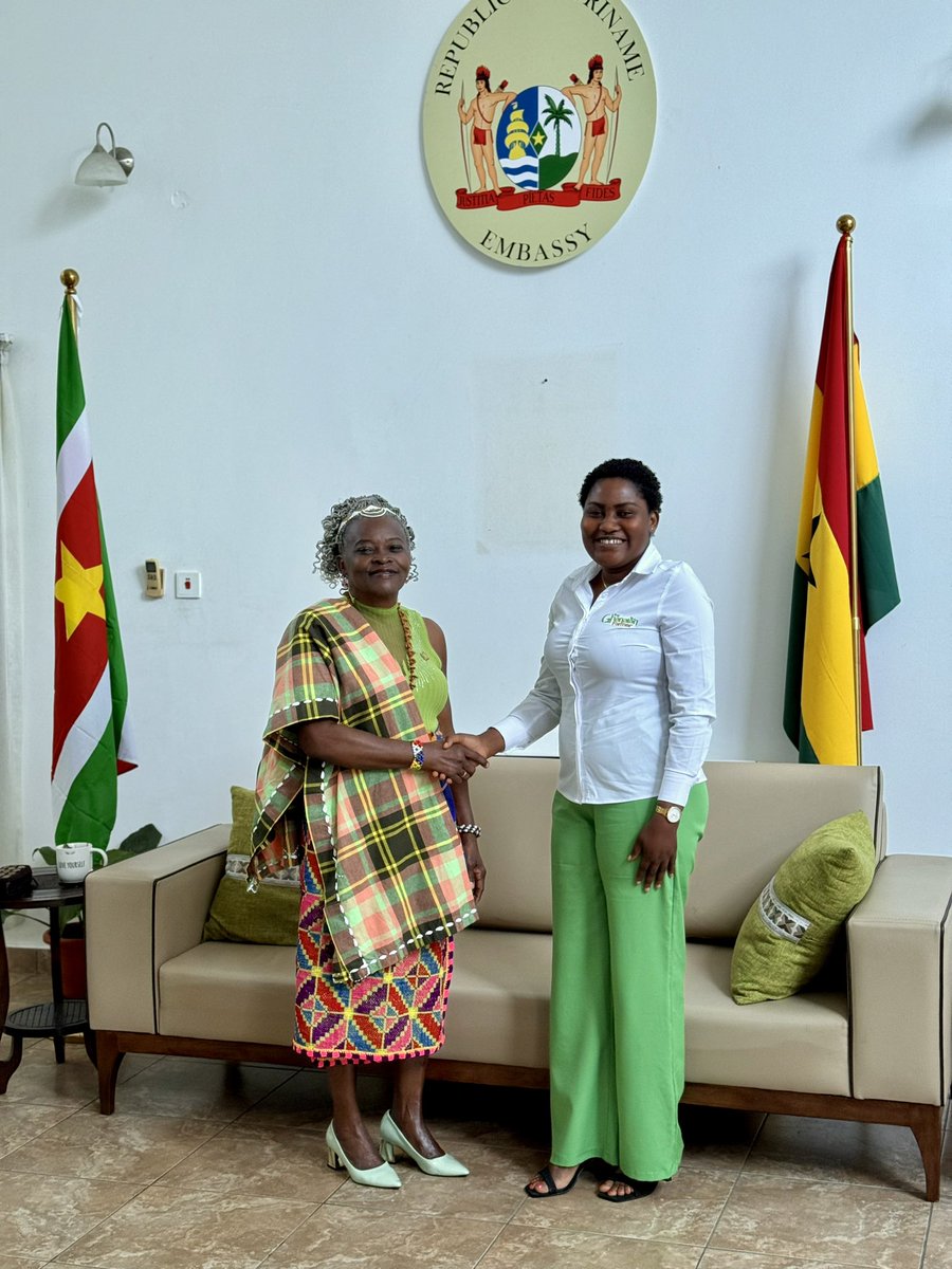EnyonamManye's tweet photo. Honored to meet H.E. Fidelia Graand-Galon, Suriname's Ambassador to Ghana! We bonded over agriculture &amp; women's empowerment. Her support for The Ghanaian Farmer project &amp; invitation to visit Suriname was heartwarming. Grateful for her vision &amp; kindness! 🙏 

#Agriculture #Ghana https://t.co/sE9NhD6z4B