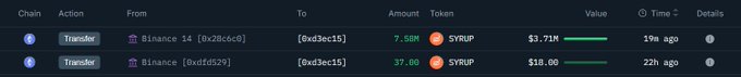 Screenshot of on-chain transaction data showing SYRUP token withdrawals from Binance