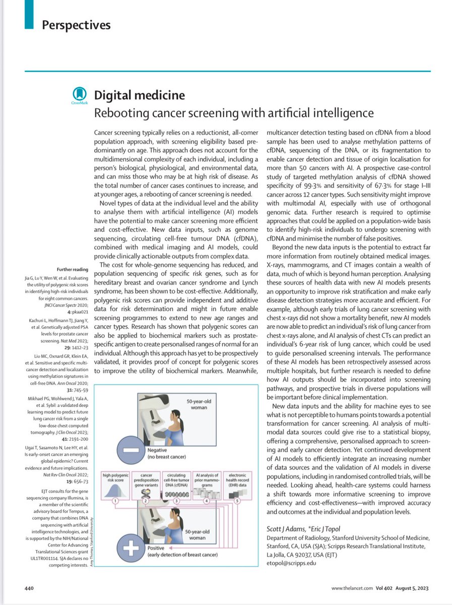 Perspectives article by Dr Adams in Lancet calls for rebooting #cancer #screening : moving beyond age-based criteria to genomic risk, polygenic scores &amp; #AI evaluation of images for both risk stratification &amp; disease detection while stressing the need for AI model validation.