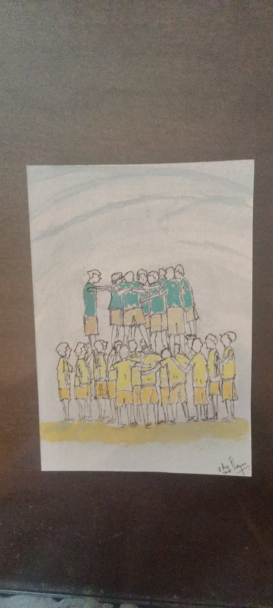 A black pen, water color sketch of a group practicing making the human pyramid for #Dahihandi, Krishna janmashtmi that's round the corner. 
#Krishnajanmasthtmi #Krishna #Mumbai <a href="/mumbaiart/">Mumbai Art Gallery</a> #India