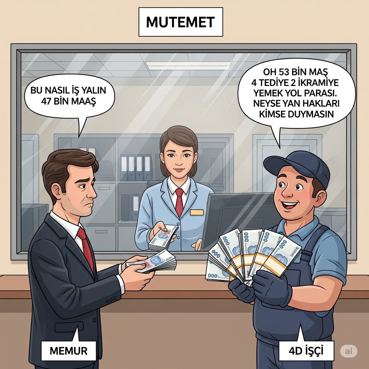 Bu görselde ki tek yanlış maaş mutemetleri cam arkasından elden maaş ödemiyor. Geri kalan ne yazılmışsa doğrudur. 
#MemuraYolYemekİkramiye