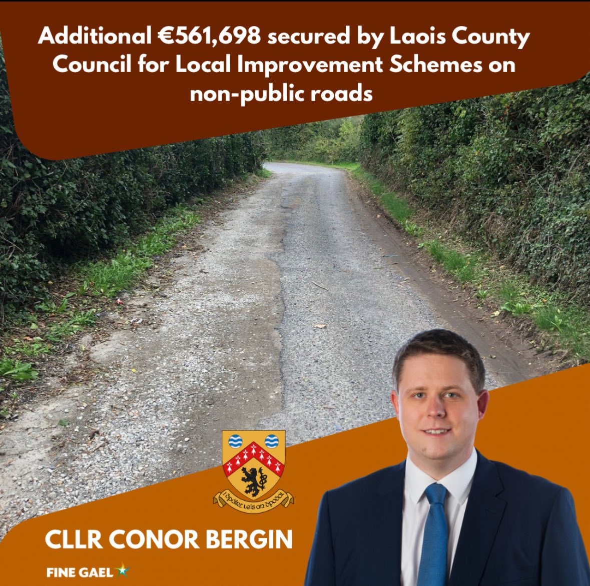 ⚠️🚧Great news yesterday from my <a href="/FineGael/">Fine Gael</a> colleague Minister <a href="/jerrybuttimer/">Jerry Buttimer TD</a> that an additional €561,698 has been allocated to Laois County Council for Local Improvement Schemes on non-public roads.

Many farm families in Laois will benefit from this funding.

Cllr Conor Bergin