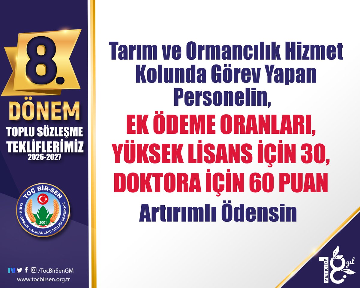 ✅ Tarım ve Ormancılık Hizmet Kolunda Görev Yapan Personelin Ek Ödeme Oranları Yüksek Lisans İçin 30, Doktora İçin 60 Puan Artırımlı Ödensin

#ToçBirSeninTeklifi
#MemurunTeklifi