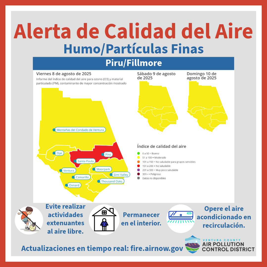 The Ventura County Air Pollution Control District is issuing an Air Quality Alert for Piru and Fillmore because of unhealthy air quality conditions caused by the Canyon Fire. For more information, visit vcapcd.org/air-quality-al….