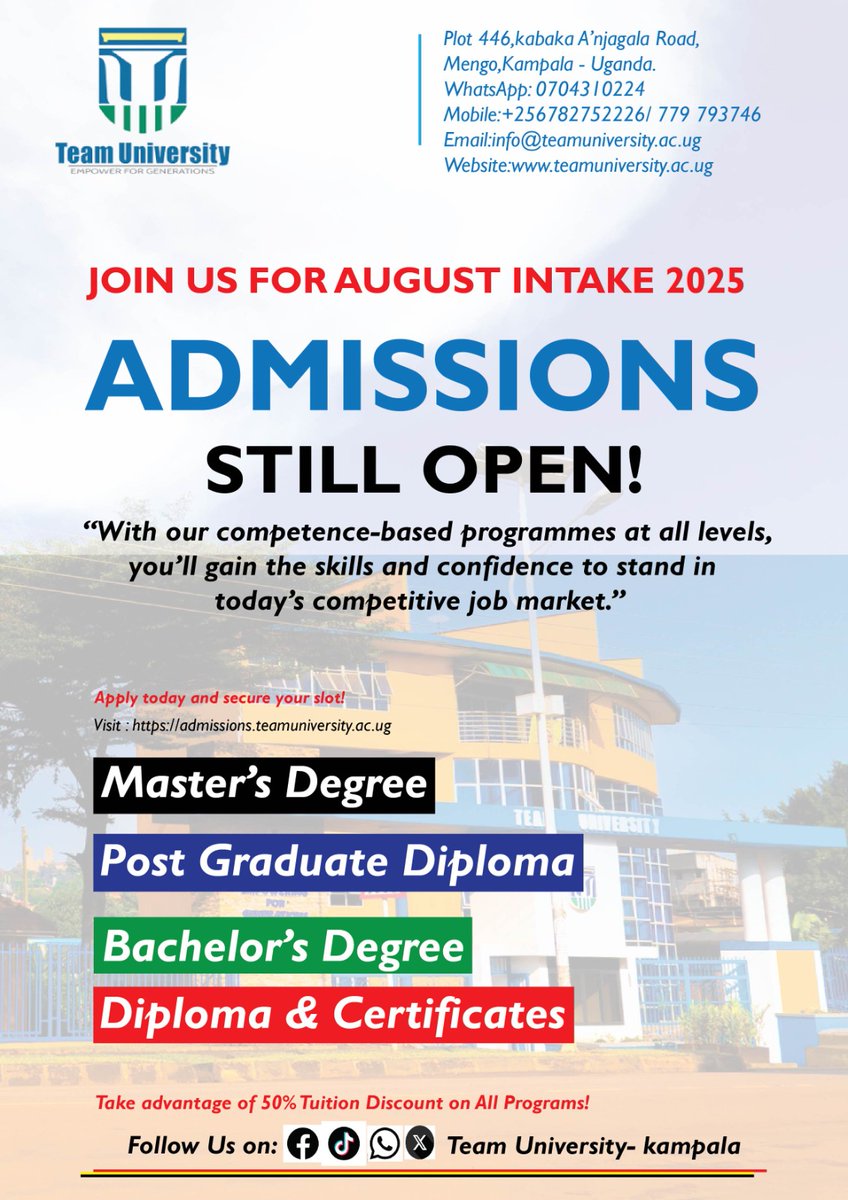 TeamUniversityU's tweet photo. Still accepting applications from eligible applicants for both Undergraduate and Post Graduate programmes. 
#augustintake2025 https://t.co/qsRlHhqxVv