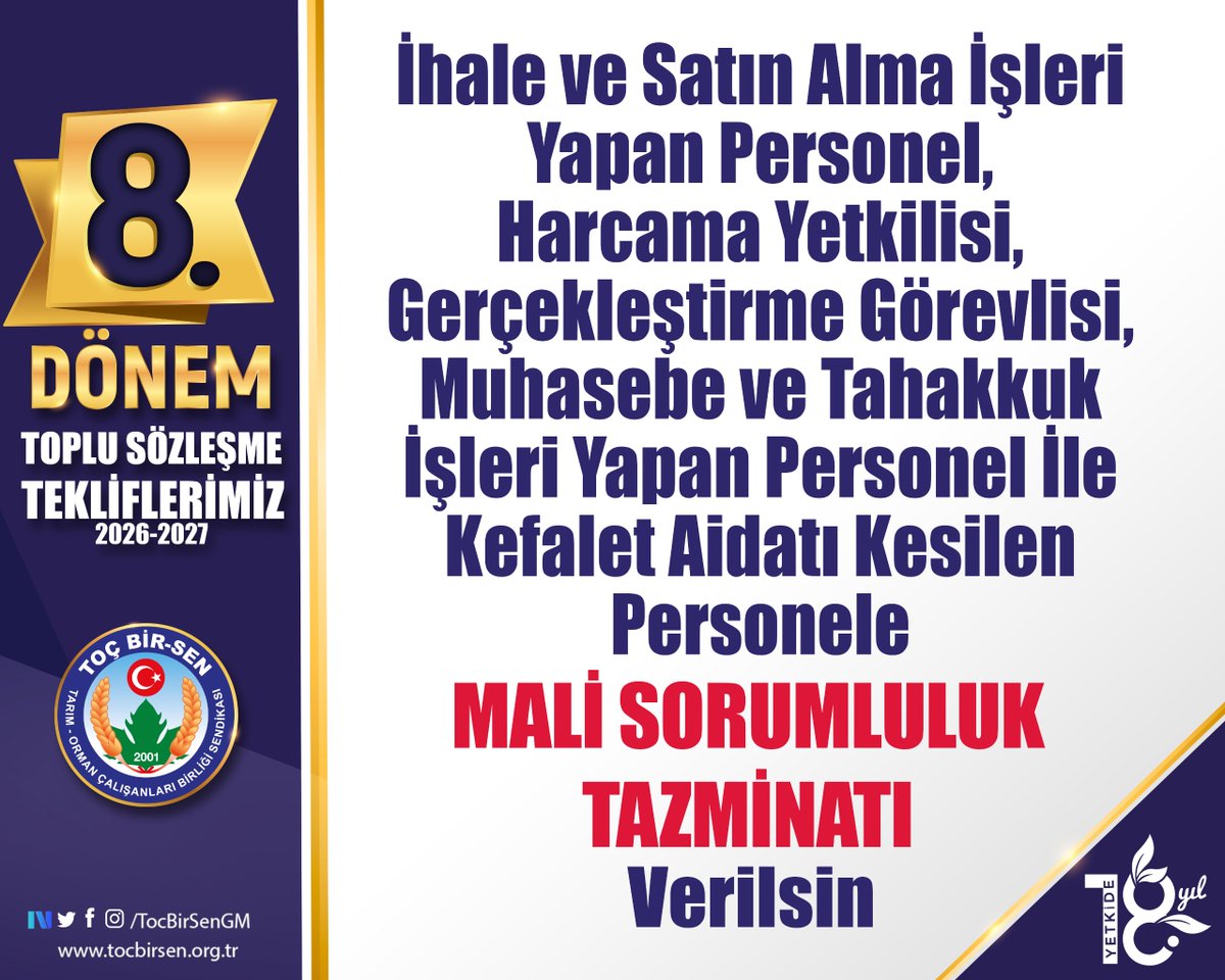 ✅ İhale ve Satın Alma İşleri Yapan Personel, Harcama Yetkilisi, Gerçekleştirme Görevlisi, Muhasebe ve Tahakkuk İşleri Yapan Personel İle Kefalet Aidatı Kesilen Personele Mali Sorumluluk Tazminatı Verilsin

#ToçBirSeninTeklifi
#MemurunTeklifi