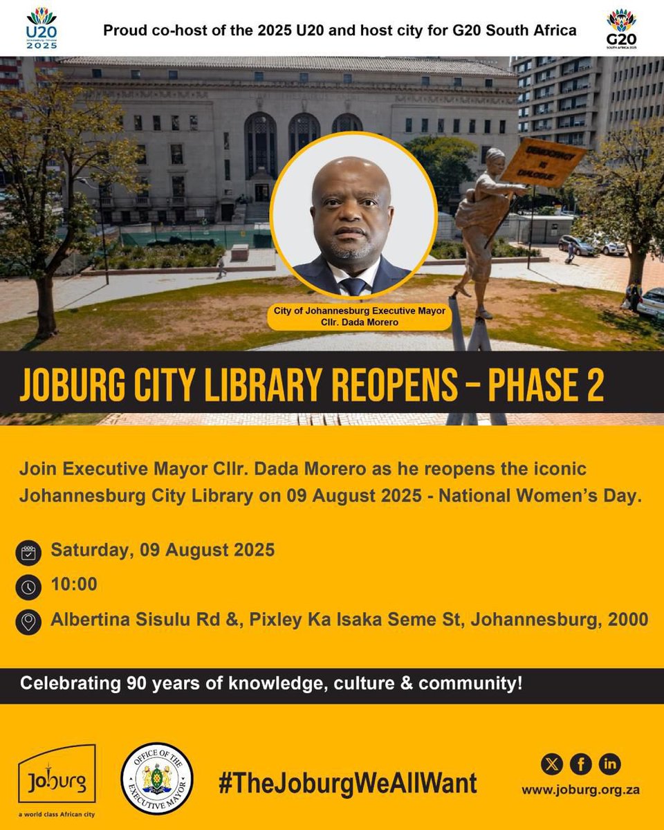 📚 Today’s the Day! 🏛️✨

This morning, the doors of the iconic Johannesburg City Library open once again! With over 1.5 million books and more than 250,000 members, this landmark stands as one of Africa’s largest and most treasured public knowledge resources. 📖🌍

Officiated by