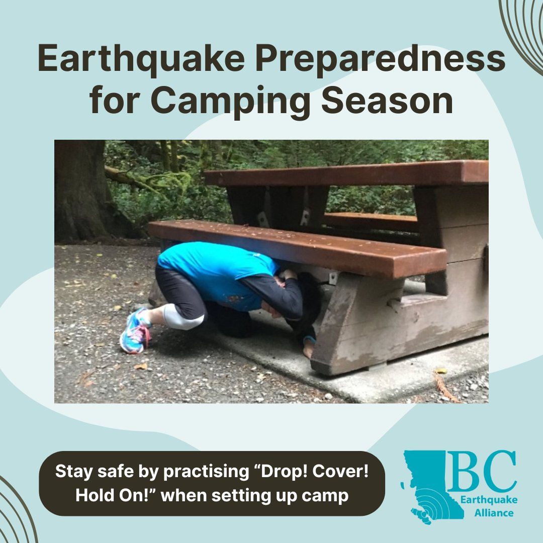 bc_earthquake's tweet photo. Donβt Forget Earthquake Safety on Your Outdoor Adventures!
Even in the wild, quakes can strike. Stay safe by practising #DropCoverHoldOn when camping.
Big thanks to ShakeOut BC Chair, Jeri Grant, for leading by example! π
#CampingSafety #ShakeOutBC #OutdoorSafety https://t.co/wuC9e77ugX