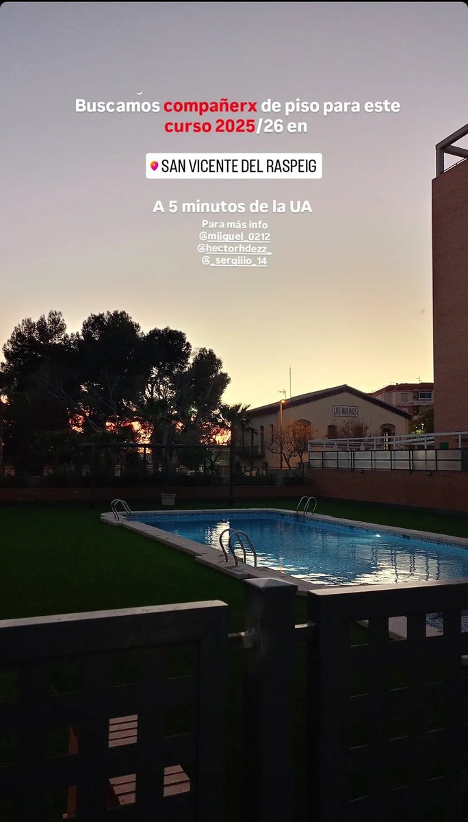 hectorhdezz_'s tweet image. Buscamos 1 compañerx de piso para el siguiente curso 25/26 en San Vicente del Raspeig, Alicante. A 5 minutos de la UA con piscina y gimnasio. 285€+gastos. 

Se agradece difusión🤝.

#queydondeestudiar2025 #ua #pisos