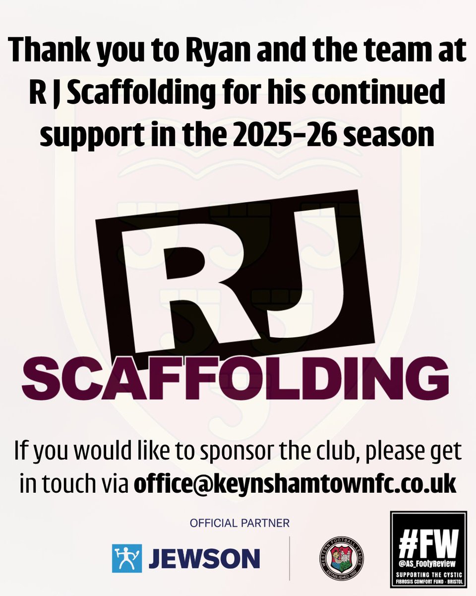Keynsham Town FC (@keynshamtownfc) on Twitter photo Thank you to Ryan and the team at <a href="/RjScaffolding/">RJ Scaffolding Ltd</a> for the continued sponsorship into the 2025-26 season.
If you would like to get involved, please email office@keynshamtownfc.co.uk or call 07498 940676 for more information. Thank you to Ryan and the team at <a href="/RjScaffolding/">RJ Scaffolding Ltd</a> for the continued sponsorship into the 2025-26 season.
If you would like to get involved, please email office@keynshamtownfc.co.uk or call 07498 940676 for more information.