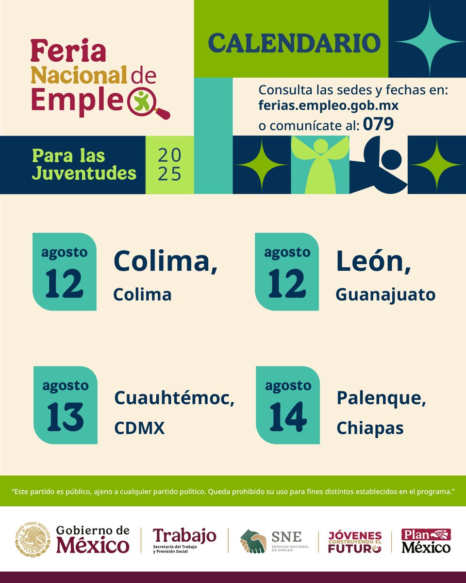 A través de la #FeriaNacionalDeEmpleo para las #Juventudes 2025, el #SNE ofrece oportunidades laborales formales y dignas. 🌐💼

📅 ¡No te quedes fuera! Revisa nuestro calendario semanal y localiza la feria más cercana.👇

🔗 ferias.empleo.gob.mx

#PlanMéxico