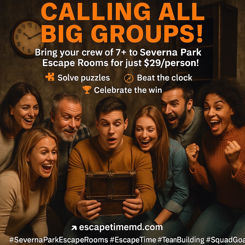 EscapeTimeMD's tweet photo. 🚨 BIG GROUPS WANTED! 🚨

Got 7+ people? Come to Severna Park Escape Rooms for just $29/person!
🧩 Solve puzzles
⏳ Beat the clock
🏆 Celebrate the win

Perfect for work teams, birthdays &amp; parties!
👉 https://t.co/ZXHr8GGKH7

#SevernaParkEscapeRooms #EscapeTime #TeamBuilding https://t.co/jVXUUhNtFa