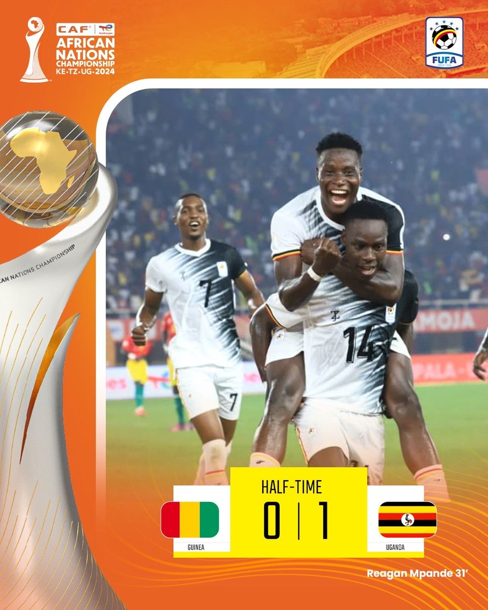 ⏱️ HALF TIME 

🇬🇳Guinea 0-1 Uganda 🇺🇬 

Reagan Mpande's strike has <a href="/UgandaCranes/">Uganda Cranes</a> in the lead at the break! 

#GUIUGA | #TotalEnergiesCHAN2024