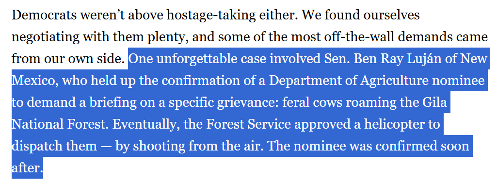 Something about this story just reminds me about how democracy is supposed to work: a Democratic Senator had a pet peeve about feral cows and held up a USDA nomination until the Biden administration just killed them. That's good dealmaking on both sides.