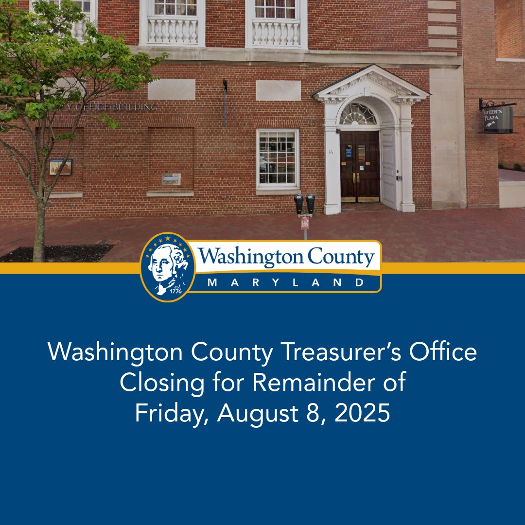 The Washington County Treasurer's Office will be closed for the remainder of today, Friday, August 8, 2025.

To read the full release, visit: washco-md.net/news/washingto…